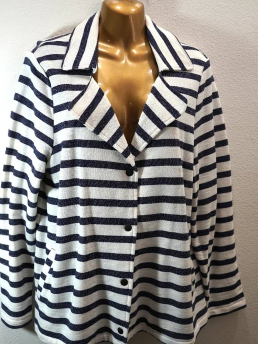Chico's Navy White Stripe Nautical Snap Jacket size 2
